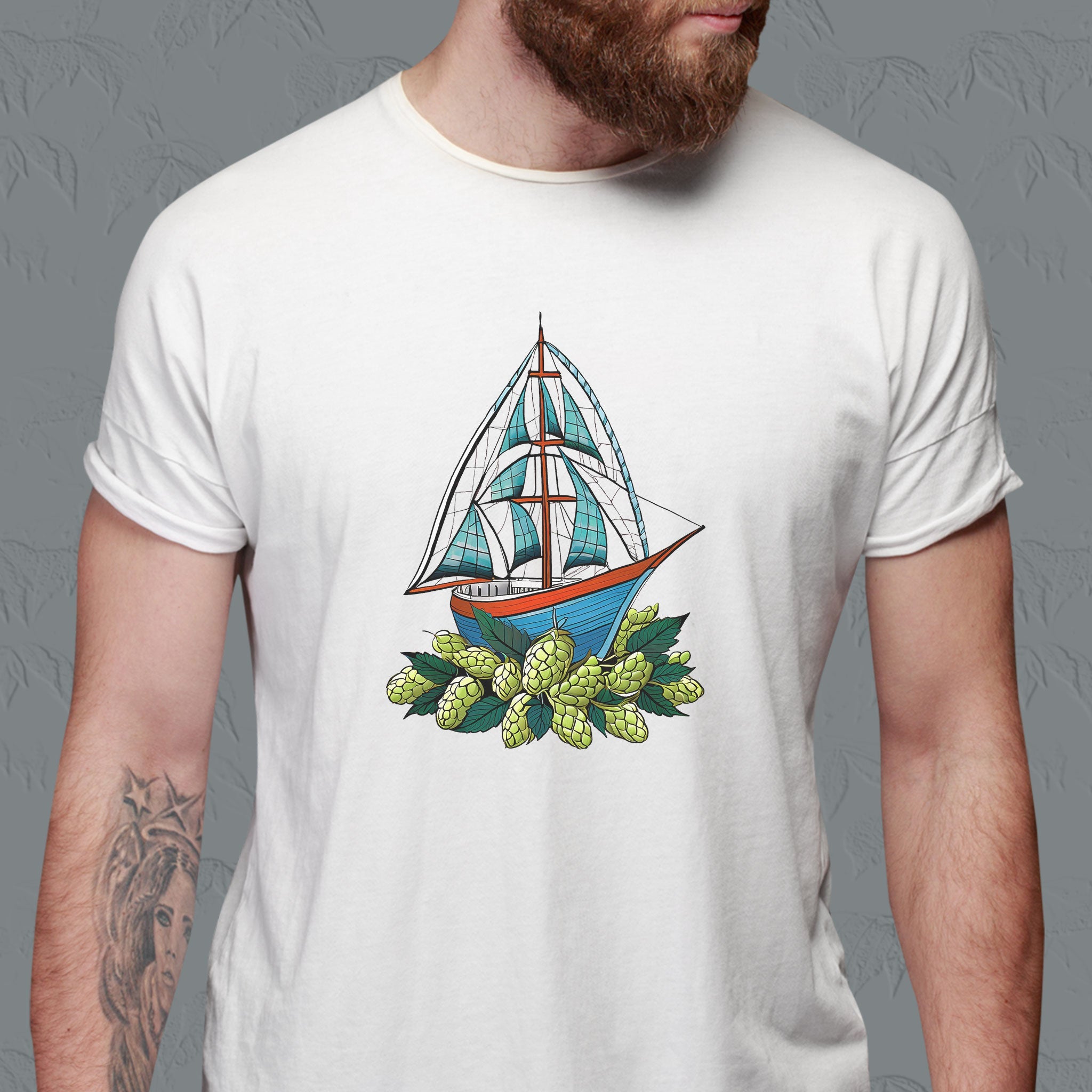 beer t with sail boat over hops