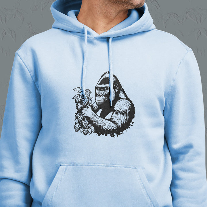 Gorilla holding hops on beer hoodie