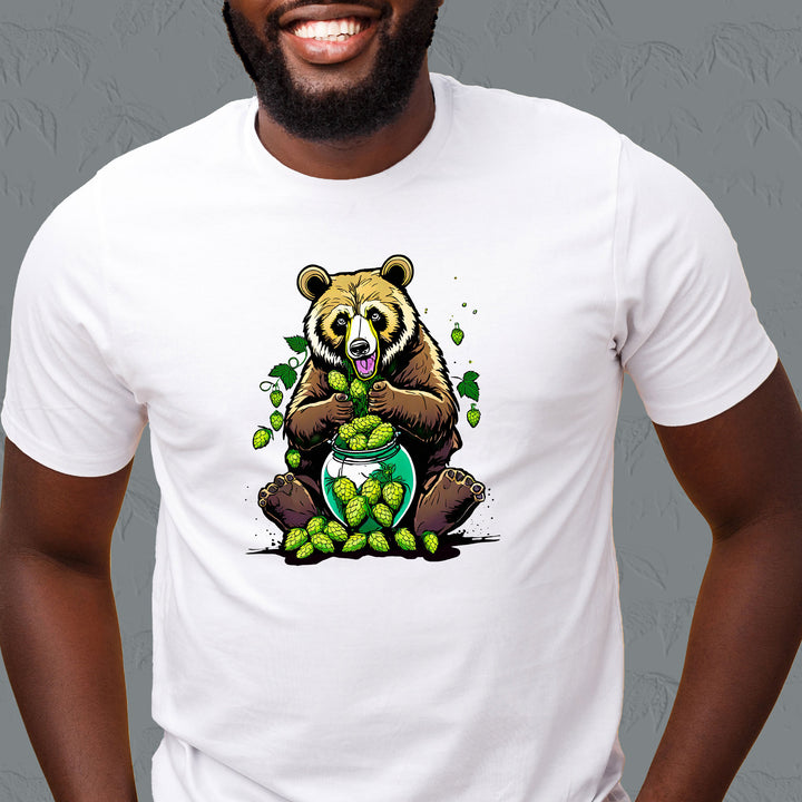 Bear eating hops on t-shirt