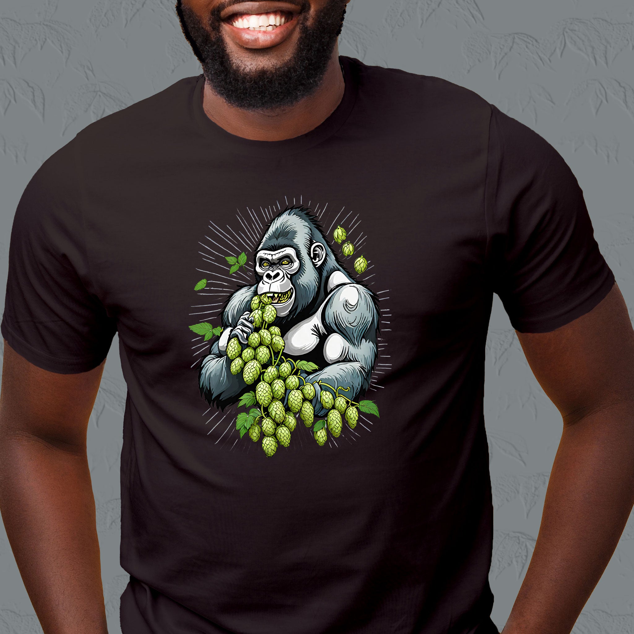 Gorilla eating hops with sun