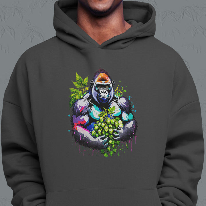 gorilla holding hops on hoodie