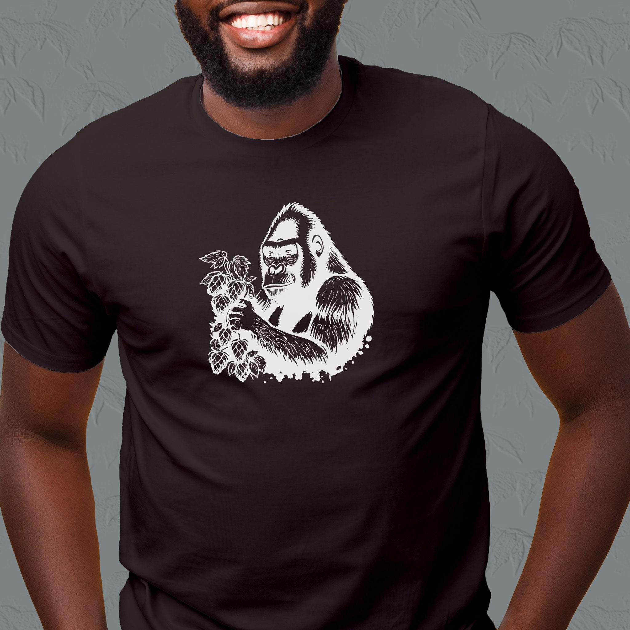 Gorilla holding hops on beer shirt white outline