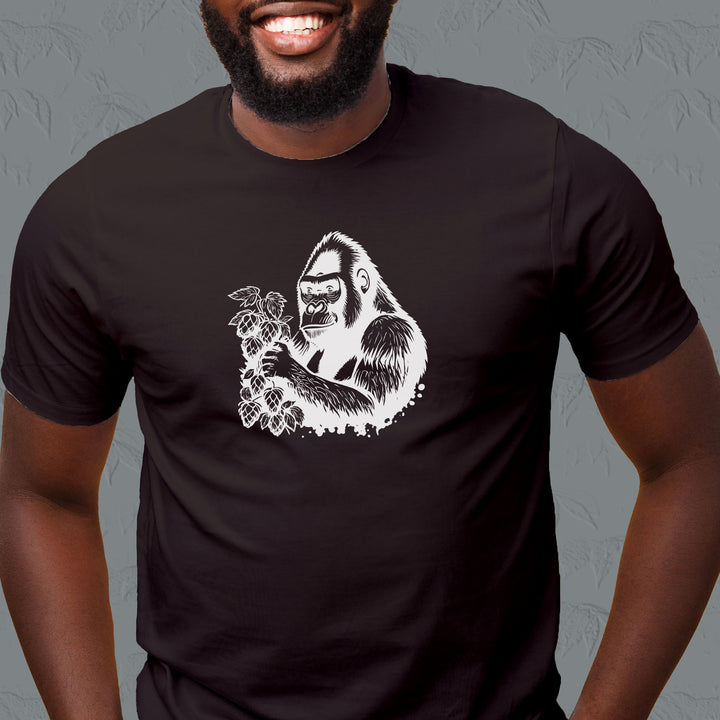 Gorilla holding hops on beer shirt white outline