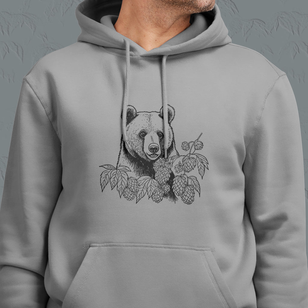 Gray hoodie with bear smiling over hops