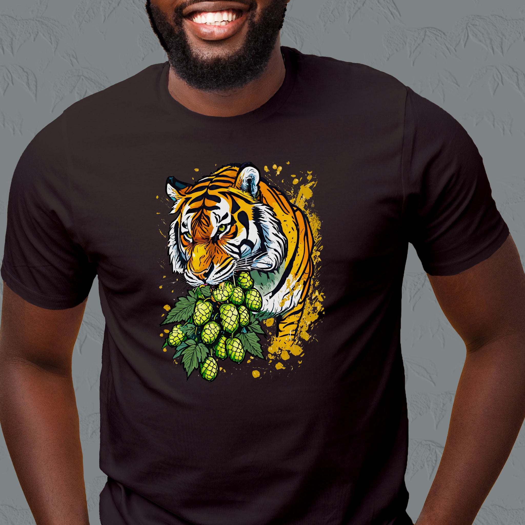 beer shirt with tiger with hops in mouth