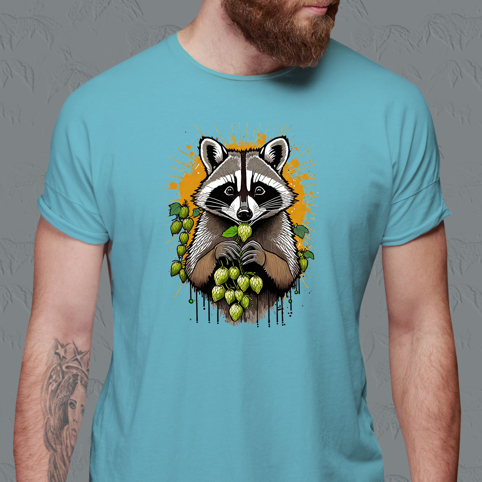 raccoon holding hops on beer shirt