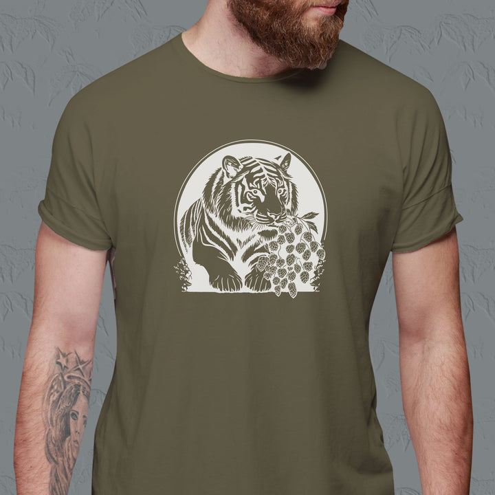 beer shirt with white outline tiger and hops