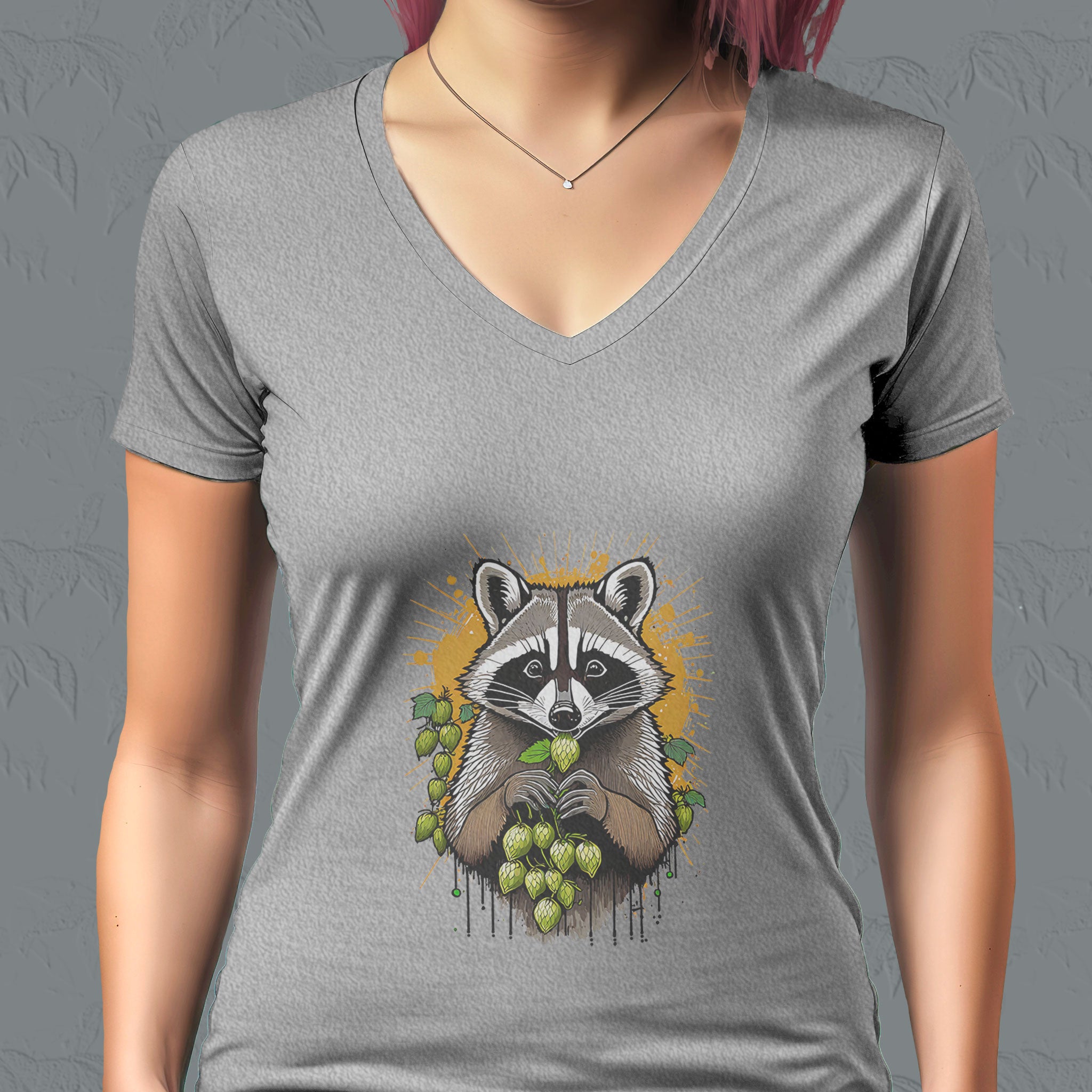 Raccoon eating hops vneck beer shirt